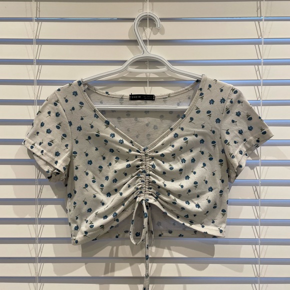 White Cropped Floral Drawstring T-Shirt - Picture 1 of 1